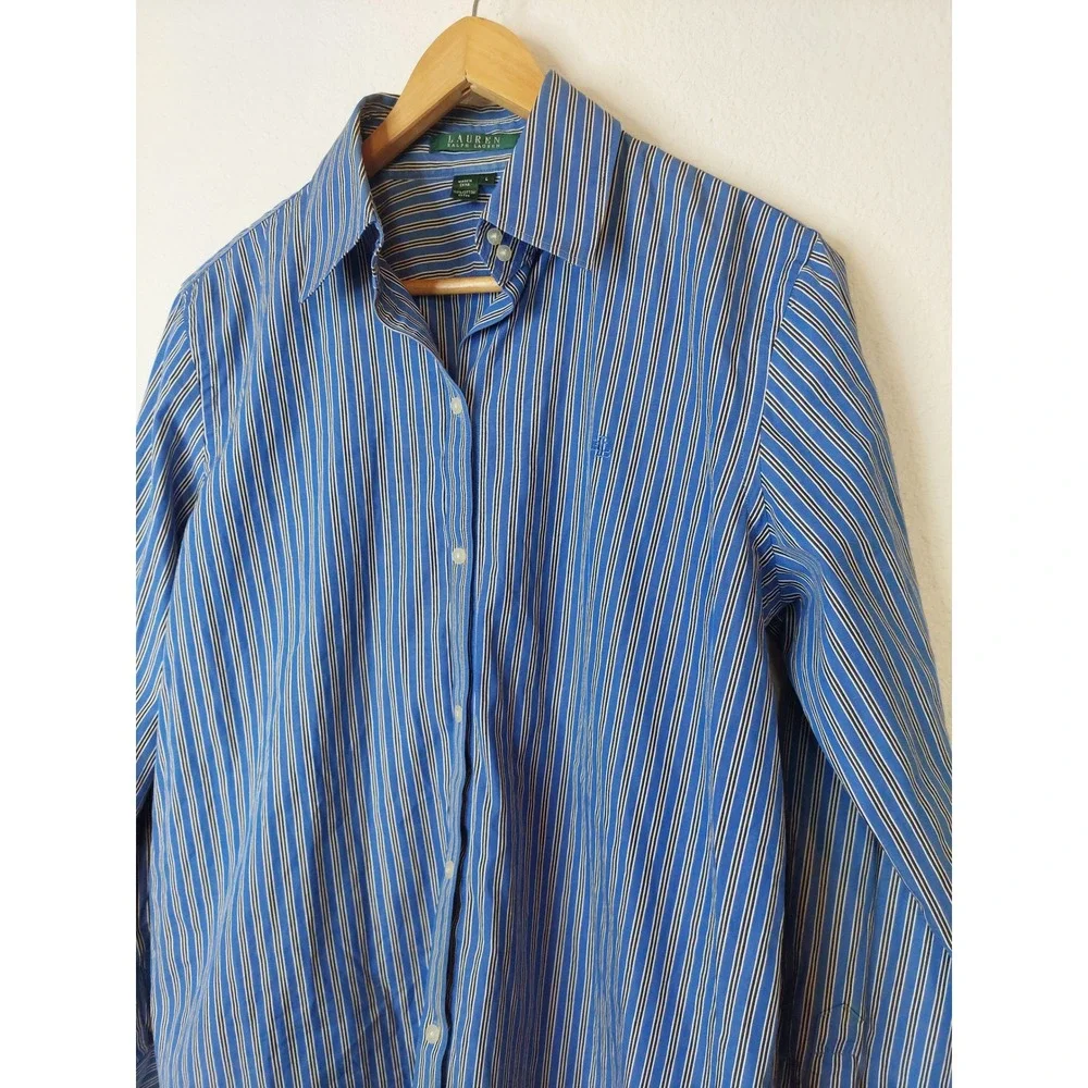 Lauren Ralph Lauren Women's Blue Striped Cotton Button Down Shirt Size Large